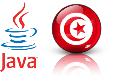The Java coffee cup logo next to a glossy round Tunisian flag button