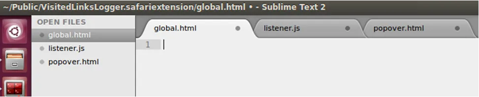 The three extension files, global.html, listener.js and popover.html, open in Sublime Text 2