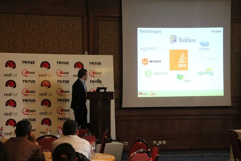 Fourat Zouari at the lectern presenting Tritux, with a slide of Java technologies such as Hibernate, RichFaces, Wicket, Seam and Spring on the screen
