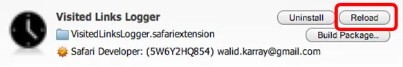 The Reload button highlighted next to Visited Links Logger in Extension Builder