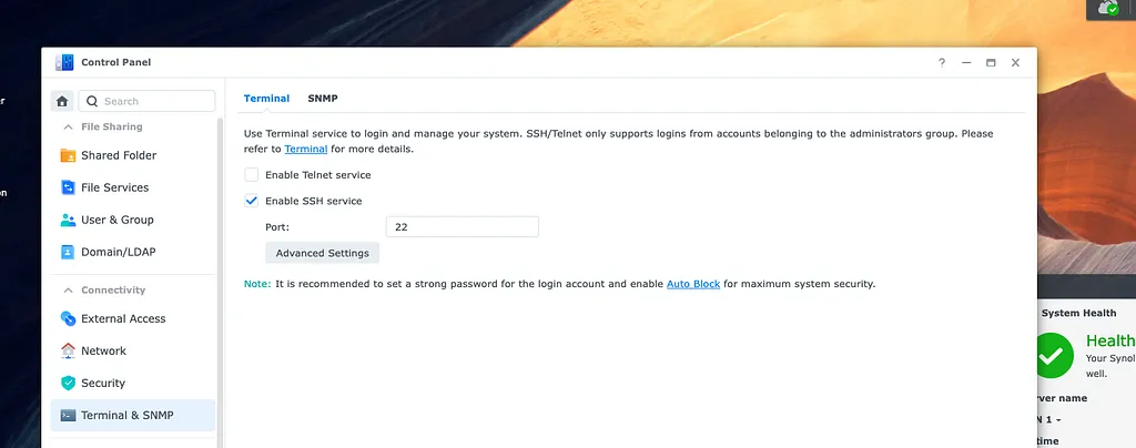 Synology DSM Control Panel, Terminal & SNMP, with Enable SSH service checked on port 22