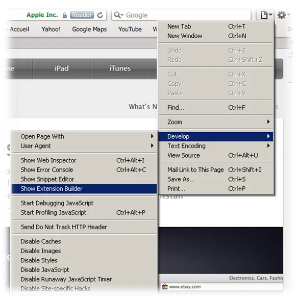Safari's Develop submenu open, with Show Extension Builder selected
