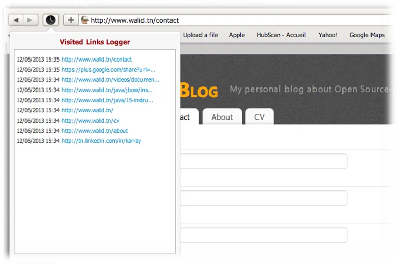 The finished Visited Links Logger popover in Safari, listing the date, time and URL of each clicked link, most recent first