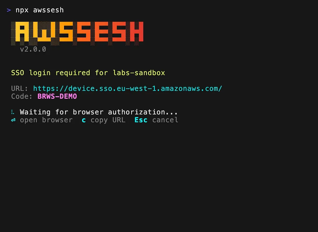 awssesh device-login screen for labs-sandbox with the AWS SSO verification URL and code