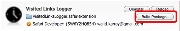 The Build Package button highlighted next to Visited Links Logger in Extension Builder