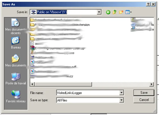Save As dialog with VisitedLinksLogger typed as the file name