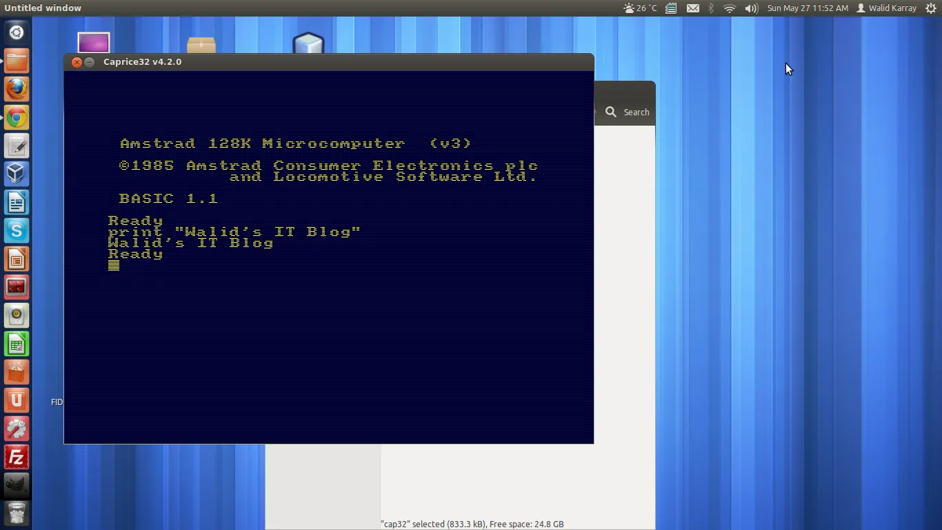 Caprice32 v4.2.0 running on Ubuntu, showing the Amstrad 128K startup screen and a BASIC PRINT command that outputs "Walid's IT Blog"