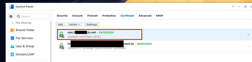 Synology DSM Security settings, Certificate tab, with the Tailscale ts.net certificate listed as default