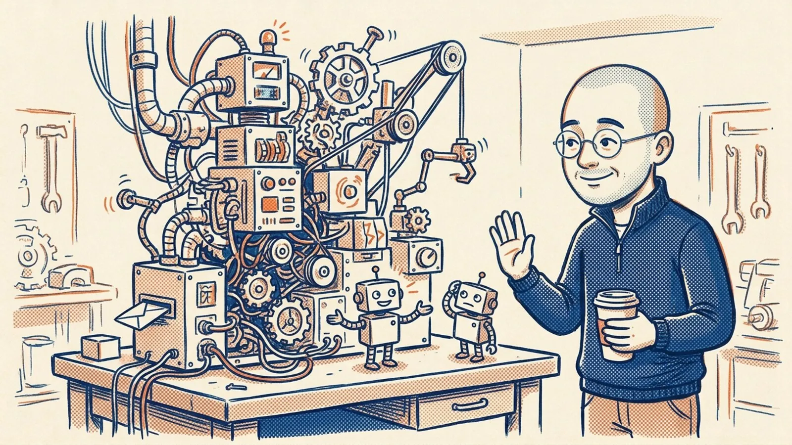 Two-ink cartoon of a proud little robot beside an absurdly over-built machine of gears, pipes and cables that only swallows an envelope, while I raise a hand to say stop, coffee in the other, and a second robot scratches its head
