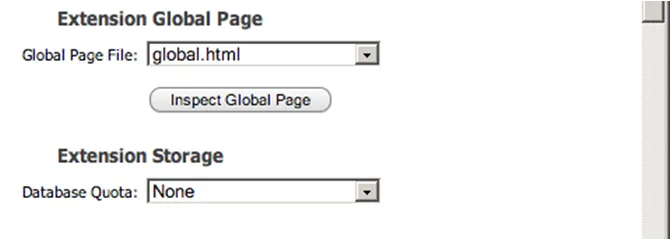 Extension Global Page section with global.html selected as the Global Page File