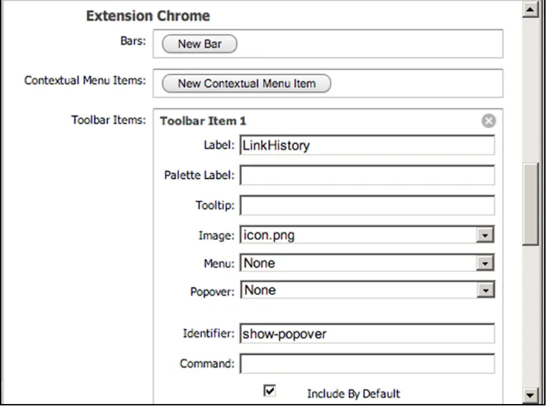 Toolbar Item 1 with label LinkHistory, image icon.png and identifier show-popover